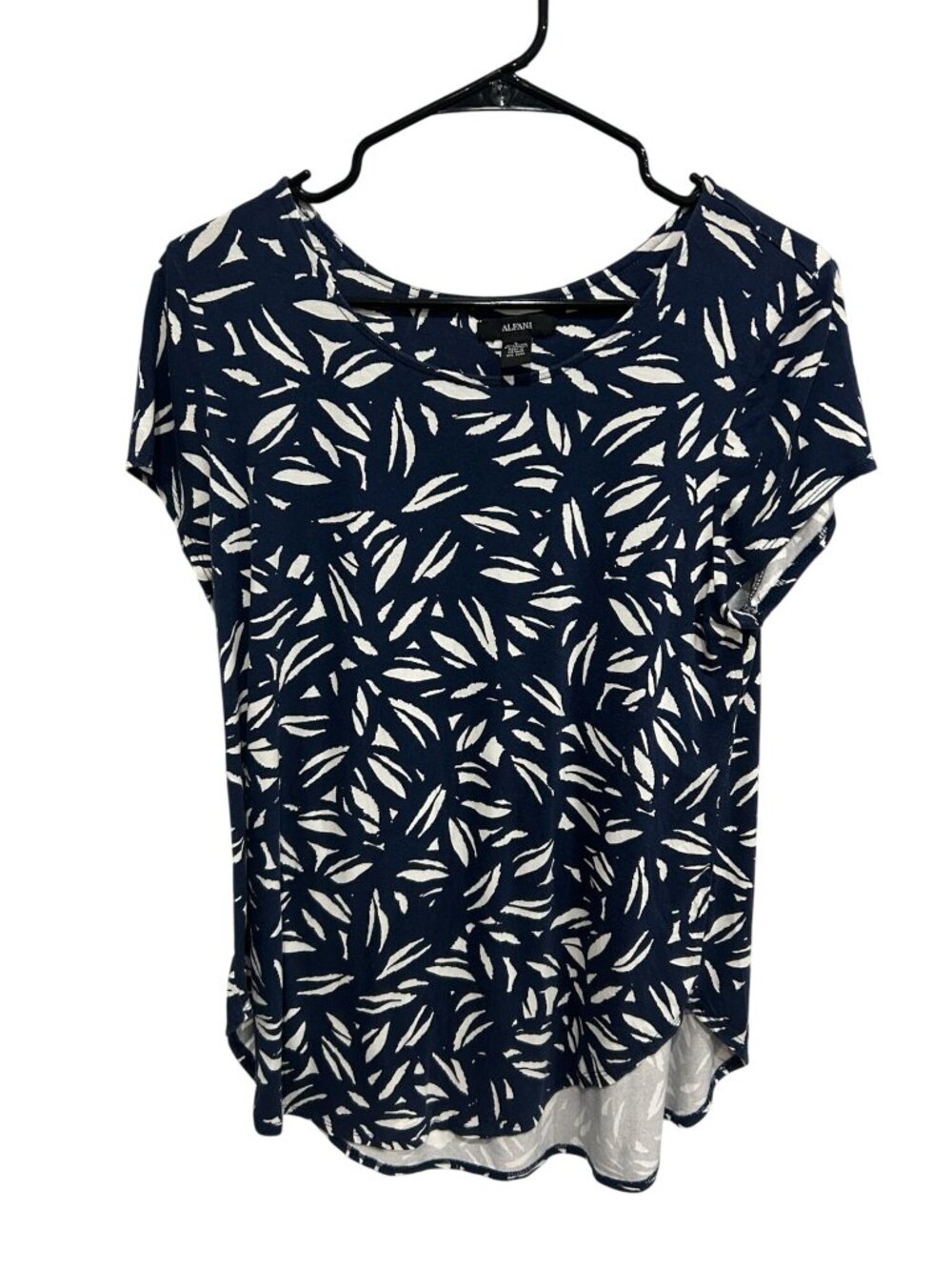 Alfani Large Navy Leaf Print Short Sleeve High-Low Hem Top Tropical Coastal